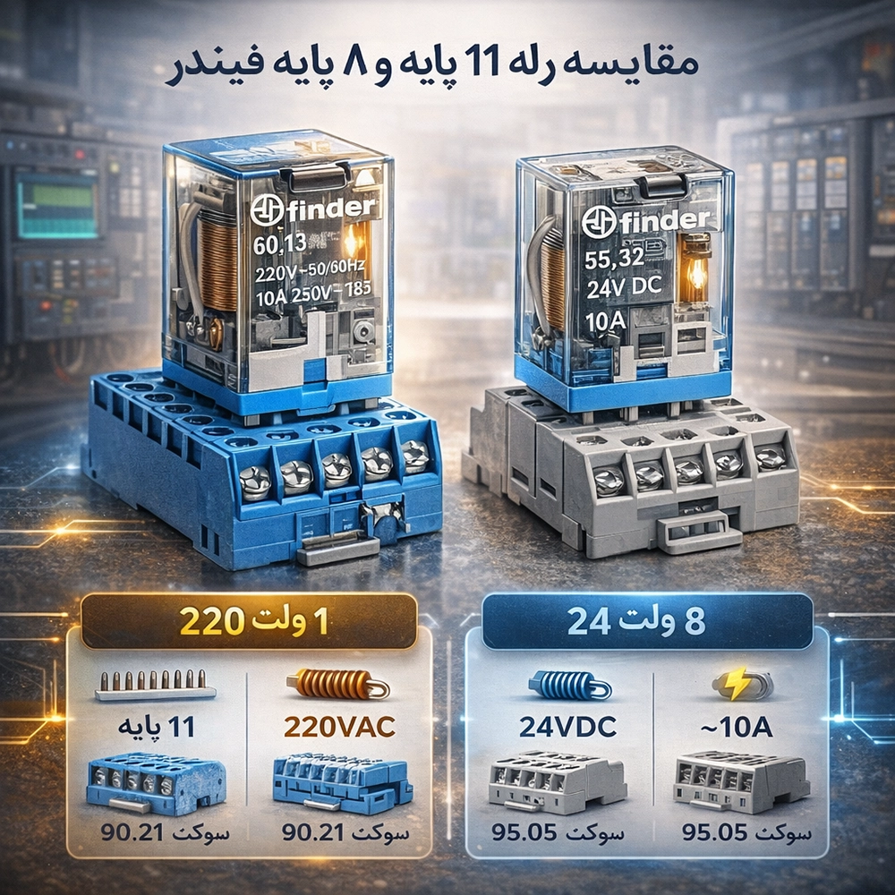 مقایسه رله ۱۱ پایه و ۸ پایه فیندر؛ کدام رله فرمان برای پروژه شما مناسب است؟